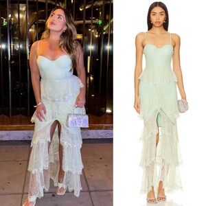 MAJORELLE Zelda Fitz Bustier Lace Gown – Mint Light Green, Size Small (Revolve)